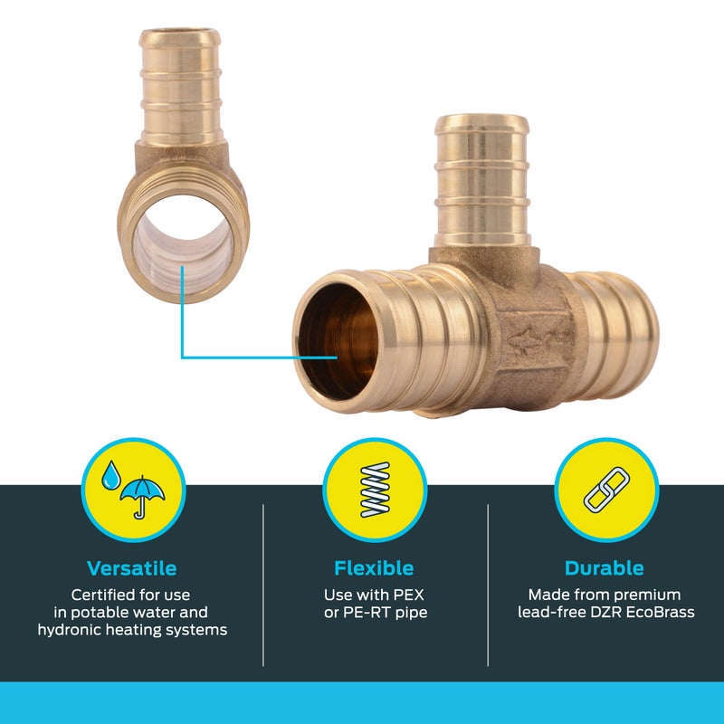 SharkBite 3/4 Inch x 3/4 Inch x 1/2 Inch Crimp Reducing Tee, Pack of 10, Brass Plumbing Fitting, PEX Pipe, PE-RT, UC412LFA10 - Image 3